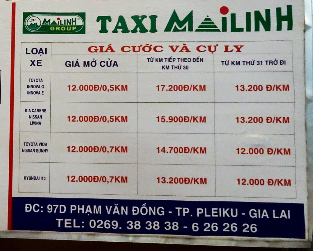 Bảng giá cước taxi Mai Linh - Địa chỉ 97D Phạm Văn Đồng Tp Pleiku tỉnh Gia Lai