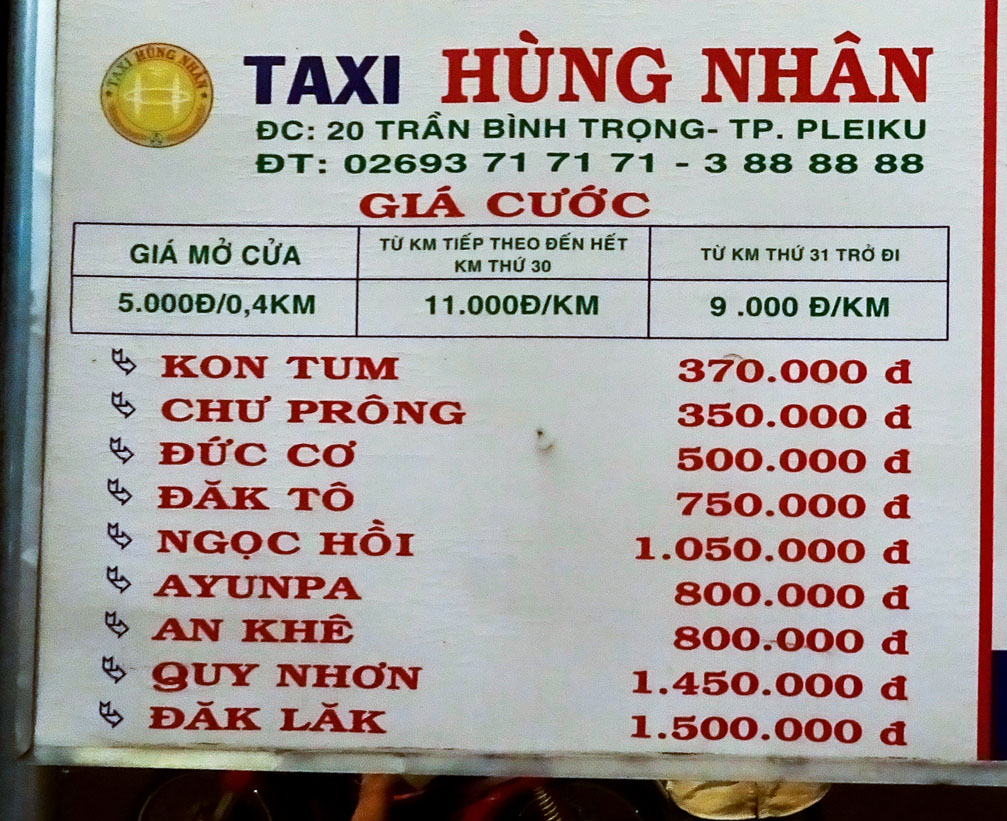 Bảng giá cước Taxi Hùng Nhân tại sân bay Pleiku đi Kon Tum, Chư Prông, Đức Cơ, Đăk Tô, Ngọc Hồi, Ayunpa, An Khê, Quy Nhơn, Đăk Lăk